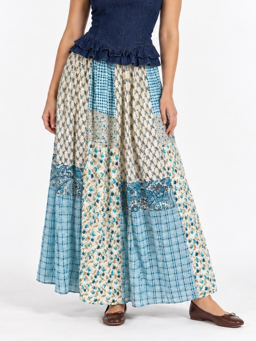 Vintage 90s Just Be Girls Patchwork Cotton Prairie Maxi Skirt M/L 31” WAIST